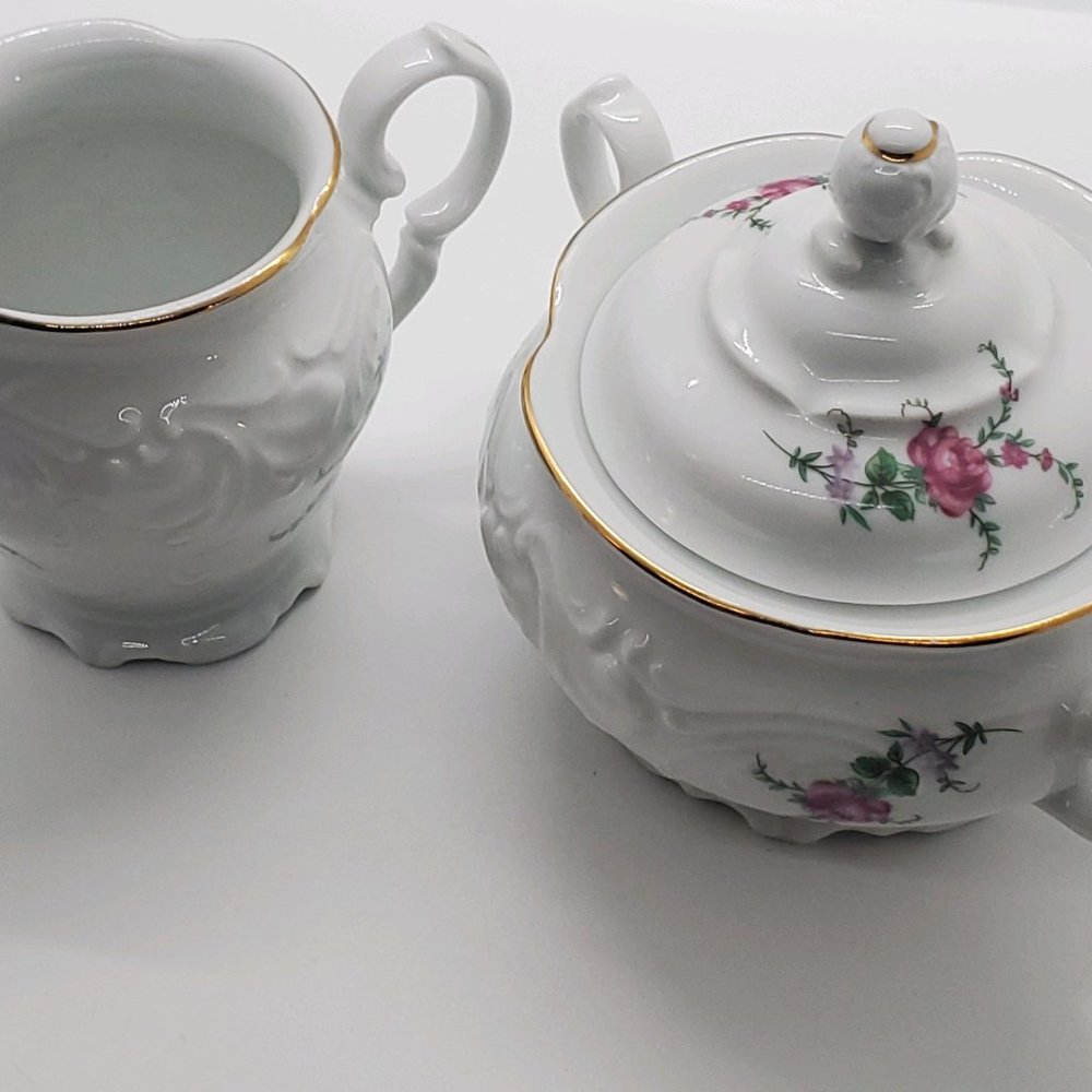 Vintage China Royal Kent Collection Poland Bavarian Rose Sugar Bowl & Creamer